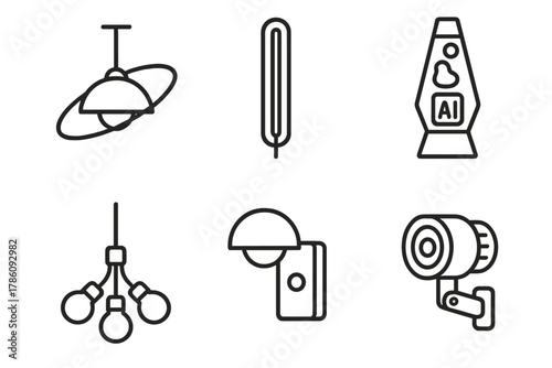 Line Style Lighting Icons. Line style icons of lighting mods: orbiting ceiling lamp, neon wall strip, lava lamp with AI core, bulb