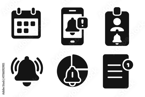Event App Icons. Solid style icons of event announcement apps: schedule bell glyph, mobile alert icon, session badge. Pop-up ring,