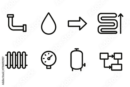 Heat Exchange Icons. Line style icons of Heat Exchange: Pipe, Water Drop, Arrow, Coil, Radiator, Gauge, Tank, Flow Chart, No text,