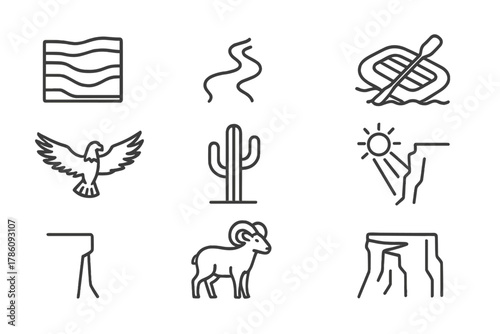 Canyon Line Art Icons. Line style icons of Canyon: Layer of Rock, River, Raft, Condor, Cactus, Sunbeam, Cliff Edge, Bighorn Sheep,