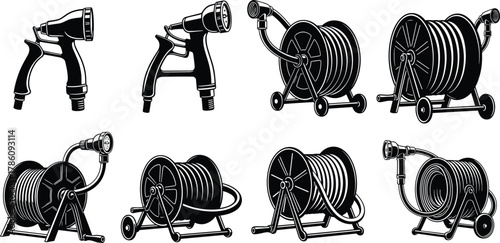 Garden hose reel set, water sprayer nozzle collection, outdoor irrigation equipment vector, watering tools illustration, gardening accessory black silhouette design