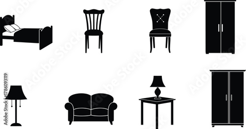 Furniture silhouette collection, bed, chair, sofa, lamp, wardrobe, table, home interior icons, black furniture vector, modern home decor illustration