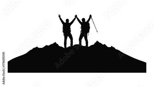 Hikers celebrating on mountain peak silhouette isolated on white background, Vector