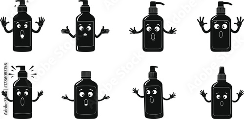 Funny lotion bottle character vector, cartoon cosmetic container illustration, skincare packaging design, emotional face expression concept, hygiene product icon