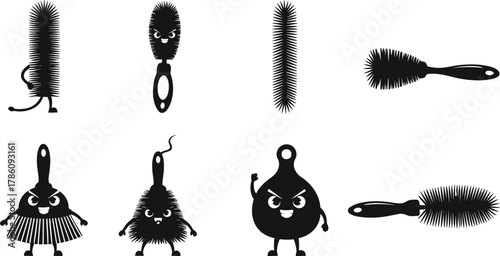 Funny cleaning brush characters with expressive faces, cartoon household tools vector illustration, creative home cleaning concept design for decor