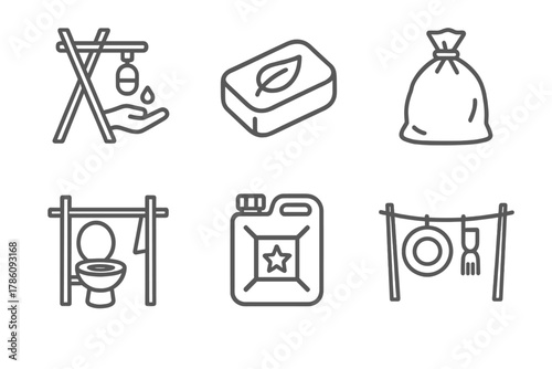 Camp Hygiene Icons. Line style icons of camp hygiene and sanitation: hand washing setup, biodegradable soap, trash bag icon, camp
