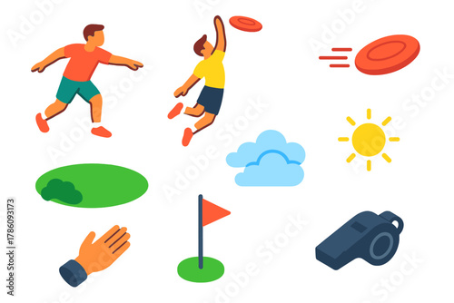 Park Frisbee Fun. Isometric vector illustration set Park activities – frisbee throw, jumping catch pose, spinning disc;