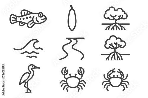 Mangrove Forest Icons. Line style icons of Mangrove Forest: Mudskipper, Seed Pod, Prop Roots, Tide, Estuary, Mangrove Tree, Heron,