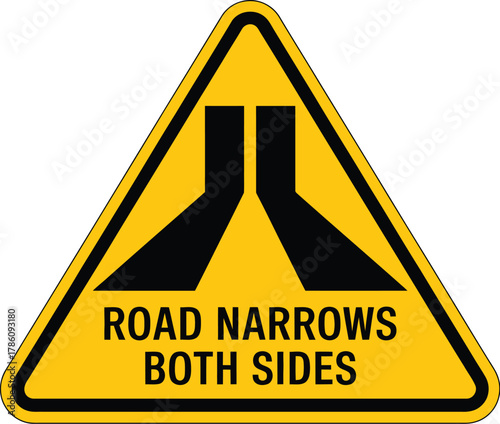 Road narrows both sides sign traffic warning yellow triangle safety ahead view