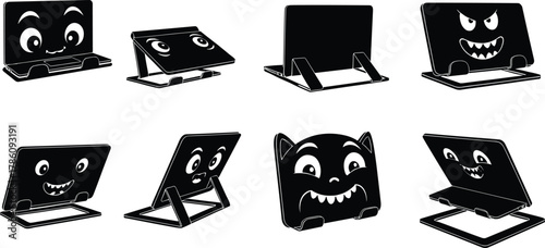 Funny cartoon tablet vector set with cute and scary faces, digital device illustration for kids, emoji technology concept design