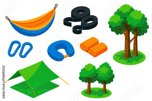 Travel Gear Essentials. Isometric vector illustration set Travel gear – portable hammock, suspension straps, carabiners; tree
