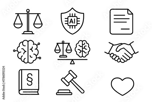 AI Ethics Icons. Line style icons of AI Ethics: Scale, Shield, Document, Brain, Balance, Handshake, Law Book, Gavel, No text, No