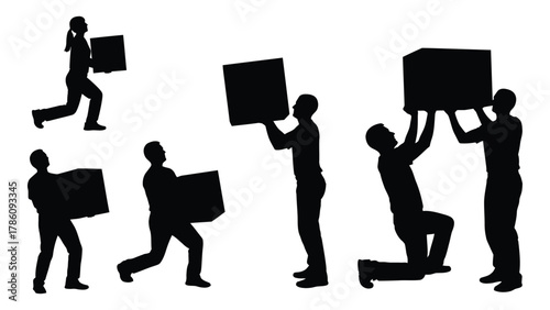 People moving boxes silhouette set isolated on white background, Vector