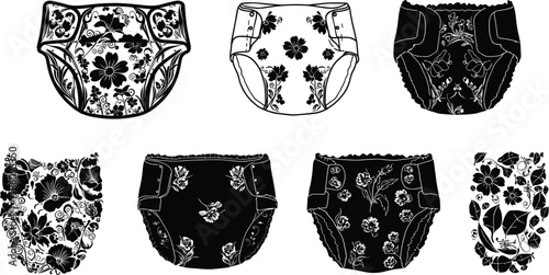 Floral baby diaper vector set, decorative cloth nappy collection, reusable diaper illustration, black and white silhouette for nursery design pattern