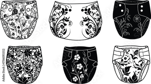 Floral baby diaper vector set, decorative nappy silhouette collection, reusable cloth diaper design, black and white illustration for nursery pattern