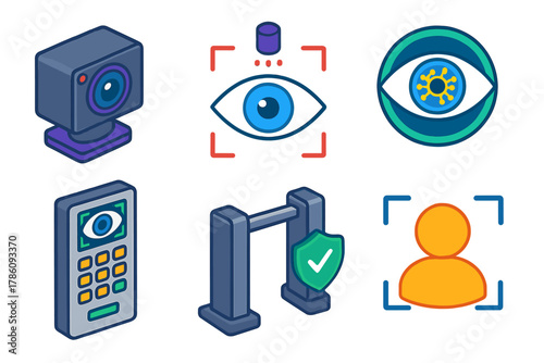 Biometric Security Icons. Isometric vector illustration set Biometric authentication – iris scanner camera, infrared illuminator,