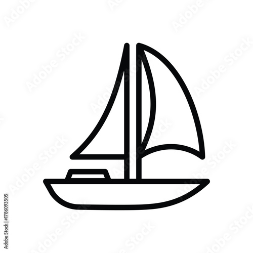 A line drawing of a sailboat showing the hull mast sails and small cabin detail