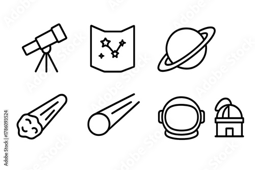 Astronomy Line Icons. Line style icons of Astronomy: Telescope, Star Map, Satellite, Planet, Meteor, Comet, Astronaut Helmet,