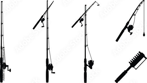 Fishing rods collection, spinning rod silhouettes with reels and hooks, angler equipment design, fishing gear vector, black and white illustration