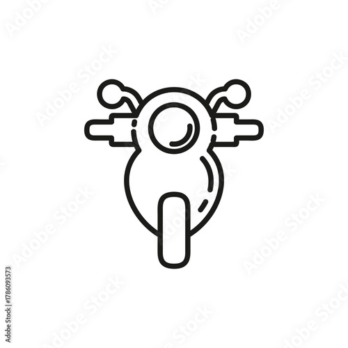 A black and white icon representing the front view of a vintagestyle scooter featuring a round headlight and handlebar mirrors