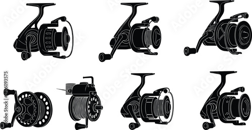 Fishing reels collection, modern spinning and baitcasting reel illustration, fishing equipment design, angler gear, black and white vector set