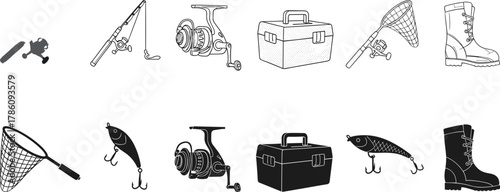 Fishing gear icons, tackle box, spinning reel, fishing lure, net, boot, black and white illustrations, angling equipment, outdoor tools