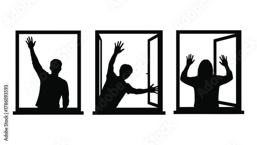 People in windows silhouettes isolated on white background, Vector