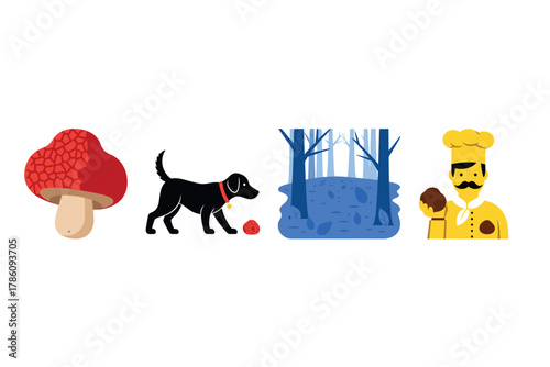 Truffle hunting adventure icons for culinary and nature exploration design