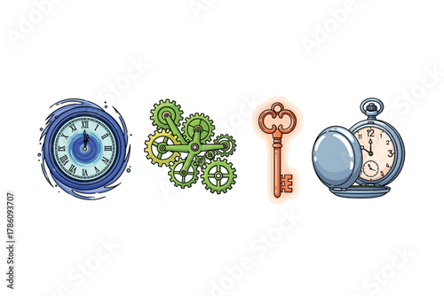 Steampunk timepiece and gear icon set for vintage design projects