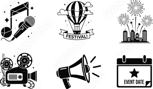 Festival icons set, microphone, hot air balloon, fireworks, film projector, megaphone, calendar, event date, celebration, entertainment, announcement