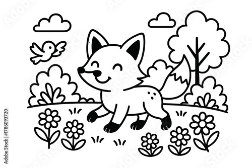 Fox in Forest. Happy fox walking through a forest clearing with flowers, birds, and bushes nearby, black and white line art,