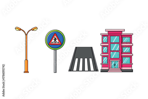 Urban infrastructure and cityscape icons for architectural design projects