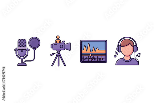 Audio and video production icons for digital media design