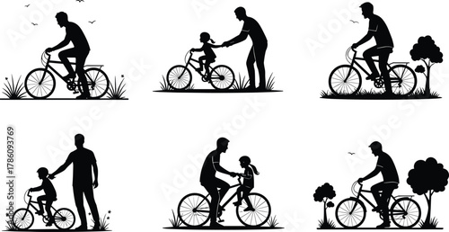 Father teaching child to ride bicycle silhouette, family outdoor activity, parenting love, bonding moment, cycling training, childhood learning, happiness, care