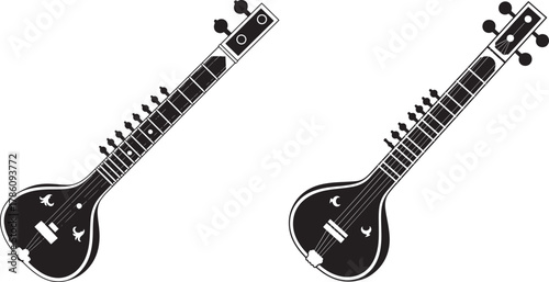 Two sitar musical instruments silhouette