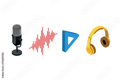 Podcast creation and audio editing icons for digital media design
