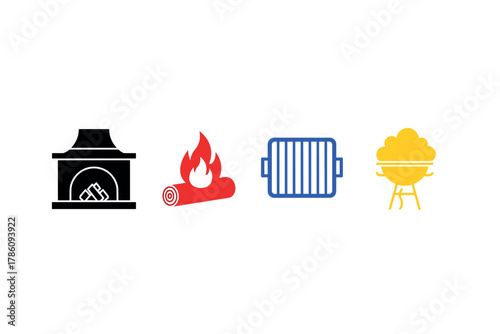 Fireplace and outdoor grilling icons for home and garden design