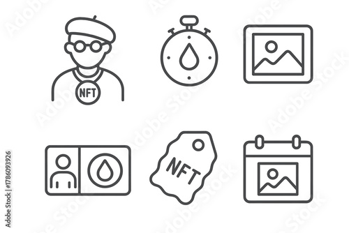 NFT Curation Icons. Line style icons of NFT photo curation and drops: curator icon, drop countdown timer, photo teaser icon,