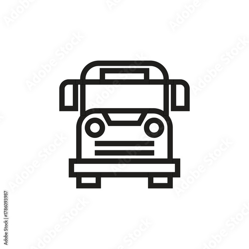 A minimalist line drawing of the front of a bus or truck featuring bold outlined shapes of the windshield lights and bumper