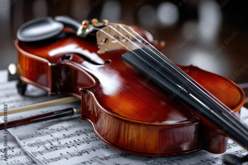 Fototapeta premium Violin resting on sheet music in a cozy music room during a classical practice session