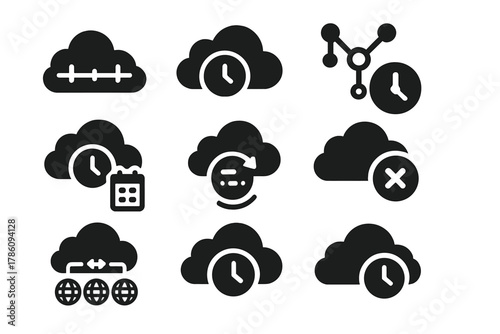 Cloud Temporal Icons. Solid style icons of cloud-based temporal systems: distributed timeline cloud, real-time stream sync, event