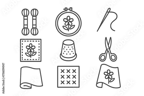 Embroidery Line Icons. Line style icons of Embroidery: Floss, Hoop, Needle, Sampler, Thimble, Embroidery Scissors, Fabric, Pattern
