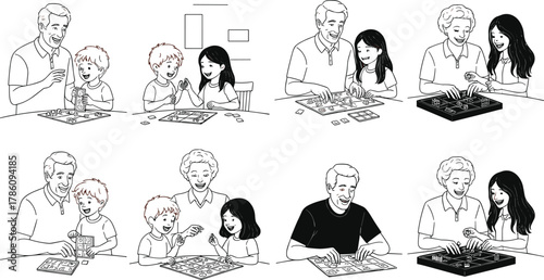 Family playing board games together, happy moments, children and grandparents bonding, fun indoor activity, education, teamwork, laughter, joyful illustration