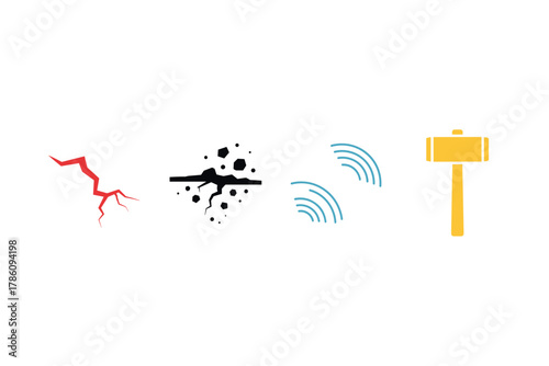 Natural disaster and construction impact icons for emergency awareness and safety design