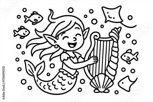 Aquatic Elf Serenade. Happy aquatic elf playing a harp made of shells while fish, rays, and bubbles dance around, black and white