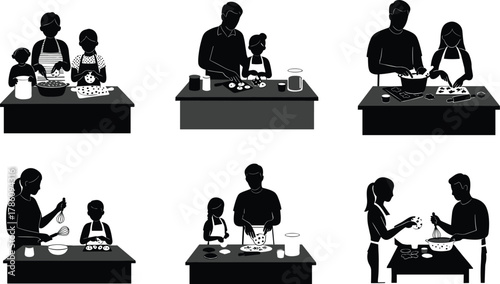 Family cooking together in kitchen, parents and children baking cookies, teamwork, home lifestyle, learning, bonding, fun culinary activity, cooking illustration