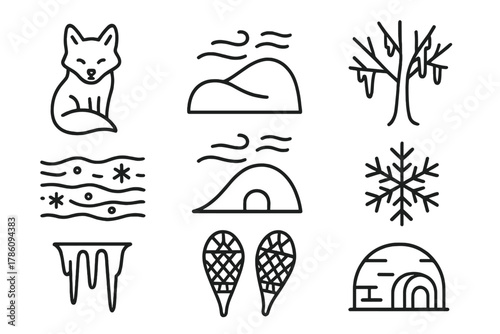 Blizzard Wildlife Icons. Line style icons of Blizzard Wildlife: Arctic Fox, Snowdrift, Frozen Tree, Whiteout, Shelter, Snowflake,