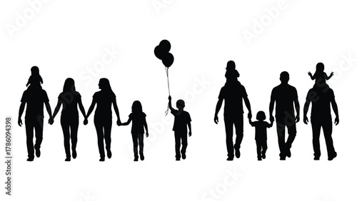 Family silhouettes walking together isolated on white background, Vector