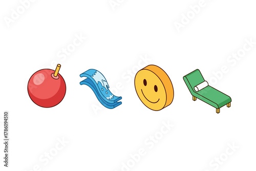 Vibrant summer relaxation and leisure icon set for holiday design