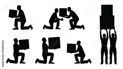 People moving boxes silhouettes isolated on white background, Vector